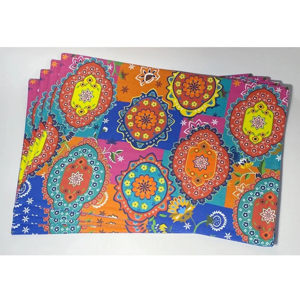 Bright Colorful Paisley Floral Patchwork Print Placemats Set of 4 NEW